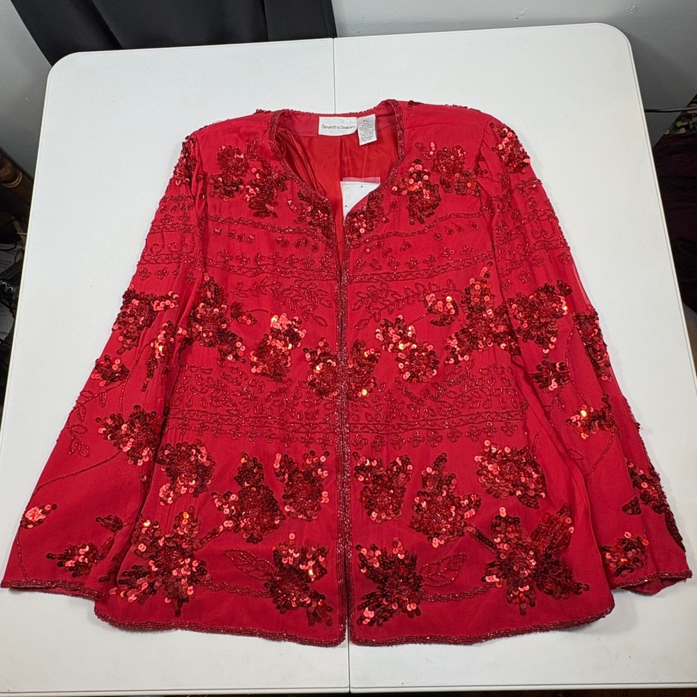 Vintage Red Silk Beaded Sequin Evening Jacket Womens Petite Large